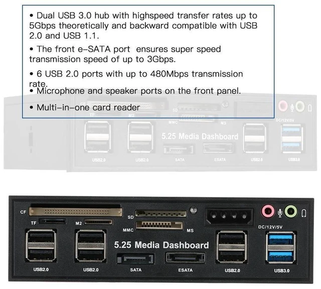 Alt view image 7 of 7 - 5.25 Inch Internal Front Panel Media Dashboard with USB 3.0 Hub 5-in-1 Card Reader eSATA SATA Ports 2 USB 3.0 Ports 6 USB 2.0 Ports SD CF TF M2 MMC MS Front Audio Speaker Microphone Black