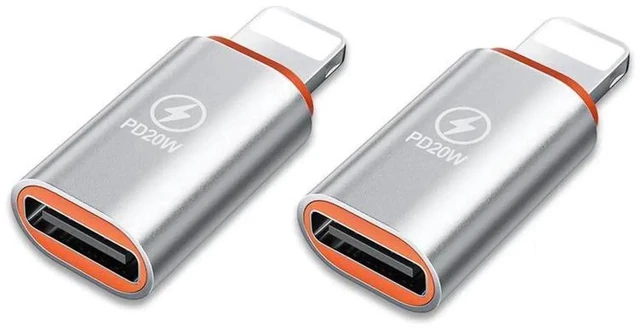 Main image of 20W PD USB C to Lightning Adapter USB-C Female to Lightning Male Charging and Data Transfer Converter for iPhone iOS Devices Silver 24 x 10.5 x 6 mm 2 Pack