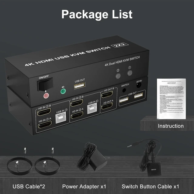 Alt view image 7 of 7 - Dual Monitor HDMI KVM Switch 2 Computers 2 Monitors 4K@60Hz 2 IN 2 OUT Keyboard Mouse Switcher with Audio Microphone Output 3 USB 2.0 Ports Wired Remote KM202B-H-EU for Windows Linux
