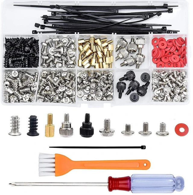 Main image of PC Screw Assortment Kit Motherboard Standoff and Riser Screws HDD SSD Hard Drive Fastener Set M3 M5 6#32 Brass Fiber Paper Black Zinc Plated Steel Nickel Plated Steel 362 Pieces