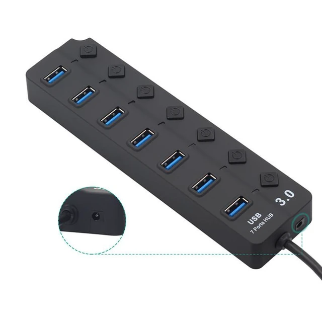 Alt view image 2 of 3 - USB 3.0 7-Port Hub Splitter with Independent Key Switch and Power Supply Plug and Play USB Extender Multiport USB Hub with Current Overload and Short Circuit Protection for Stable Operation