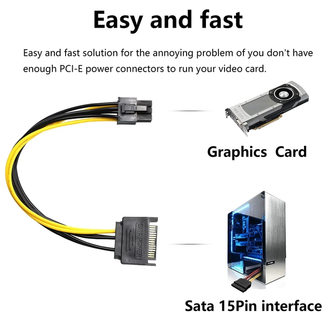 Alt view image 2 of 7 - 18AWG SATA 15 Pin Male to PCIe 6 Pin Power Adapter Cable for Graphics Card PCI Express Video Card Power Supply Cable with Keyed Connector Internal Computer PSU Cable 2 Pack