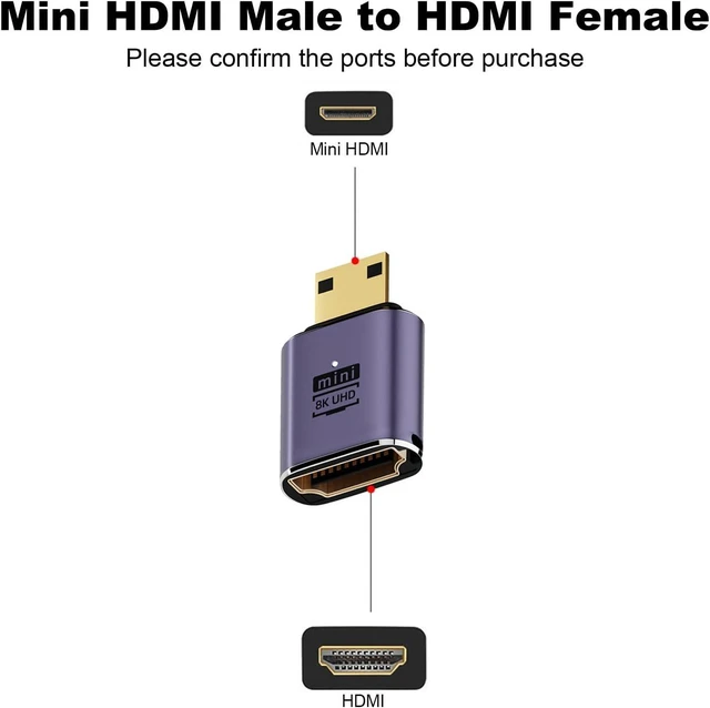 Alt view image 2 of 5 - 8K@60Hz Mini HDMI Male to HDMI Female Adapter Cable Aluminum Alloy Converter Connector with 4K@120Hz and 2K@240Hz Output for Raspberry Pi Zero DSLR Cameras HDTV Monitor and Projector 2 Pack