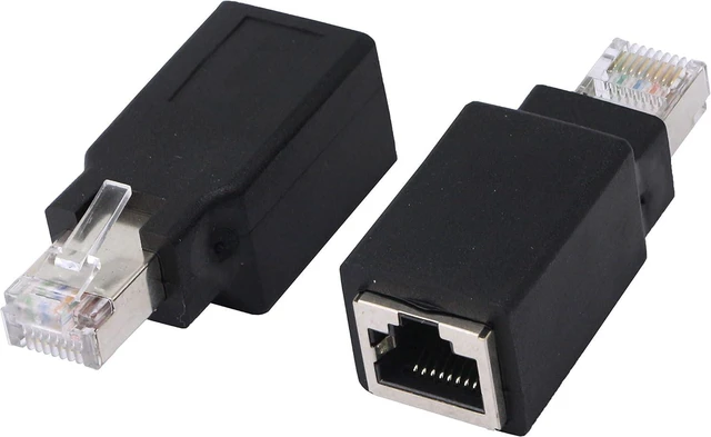 Main image of RJ45 Ethernet Crossover Adapter Male to Female Cat 6 LAN Cable Converter Straight Through to Crossover Cable Connector for PC Computer Server Network Devices Black 38mm x 21mm x 19mm 2pcs