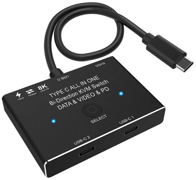 Main image of USB-C KVM Switch for 2 Computers Bi-Directional USB-C Video Switcher and Display Selector 8K@60Hz 4K@120Hz Output 10Gbps USB 3.1 Gen 2 Data Transfer 100W Power Delivery Charging Black