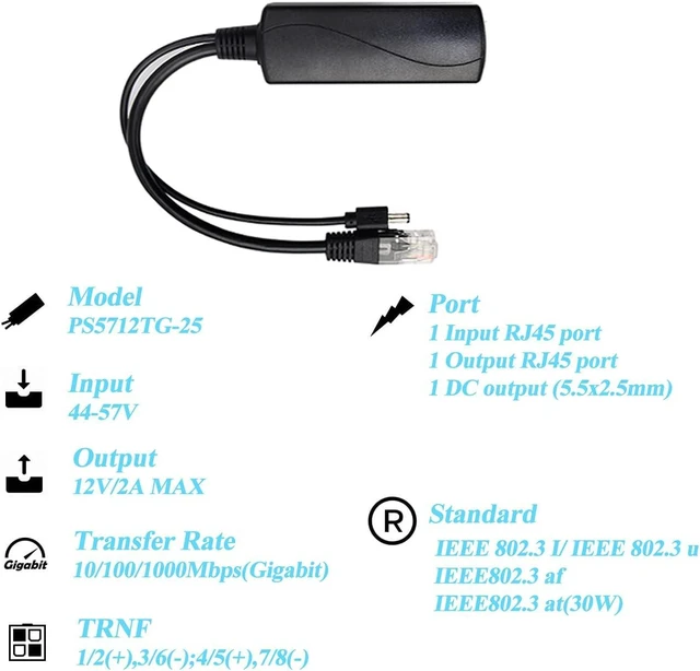 Alt view image 4 of 7 - Active Gigabit PoE Splitter 48V PoE to 12V/2A 24W DC Power Adapter with 5.5 by 2.5mm Connector IEEE802.3af/at 10/100/1000Mbps RJ45 Plug and Play for DC 5.5 by 2.1mm Devices with Protection