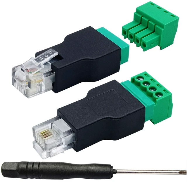 Main image of RJ11 4P 4C Male to 4 Pin Female Screw Terminal Connector Solderless Telephone and CCTV Cable Coupler Pluggable Bolt Wiring Adapter AWG2816 Black 5cm Length 1.5cm Width 1.1cm Height 2 Pack