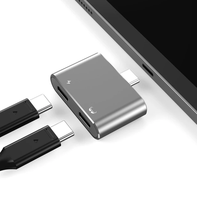 Alt view image 7 of 7 - AJ-DONG-USBC-2IN1-4K60 USB-C 2-in-1 Video Splitter Hub Type-C Alt-Mode Adapter 4K@60Hz Video Output USB-C PD 100W Pass-Through Charging Adapter for AR Glasses Switch Console Laptop Tablet Grey