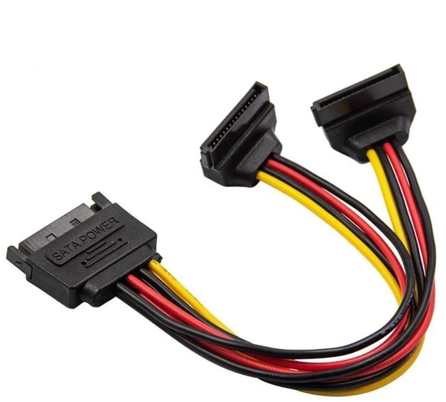 Main image of SATA 15-Pin Power Cable 90 Degree Male to 2 x 15P Female Y Splitter Adapter SATA Power Extension Cable for Solid State SSD Hard Disk and Motherboard Left Angle