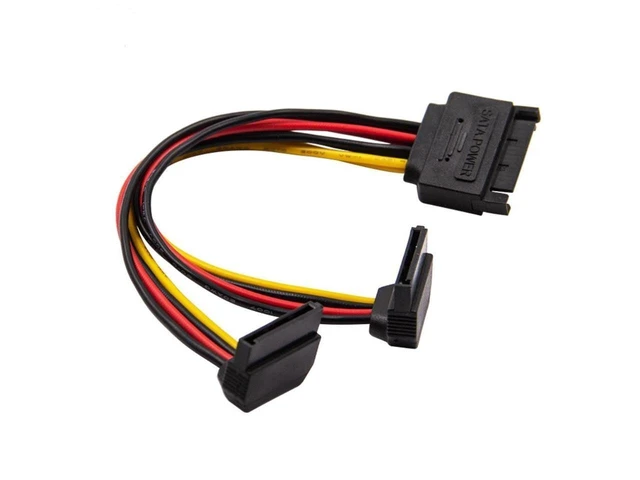 Alt view image 3 of 3 - SATA 15-Pin Power Cable 90 Degree Male to 2 x 15P Female Y Splitter Adapter SATA Power Extension Cable for Solid State SSD Hard Disk and Motherboard Left Angle