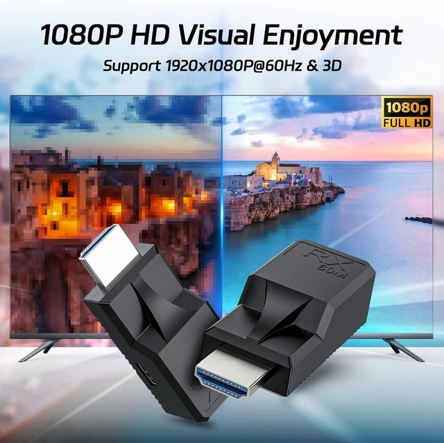 Alt view image 3 of 7 - 196FT 60M HDMI Extender Over Cat5e/6 Ethernet Cable HDMI Signal Repeater with RJ45 Transmitter Receiver 1080P@60Hz 3D HDMI 1.3 HDCP 1.2 Male to Male Adapter for HDTV Monitor Projector