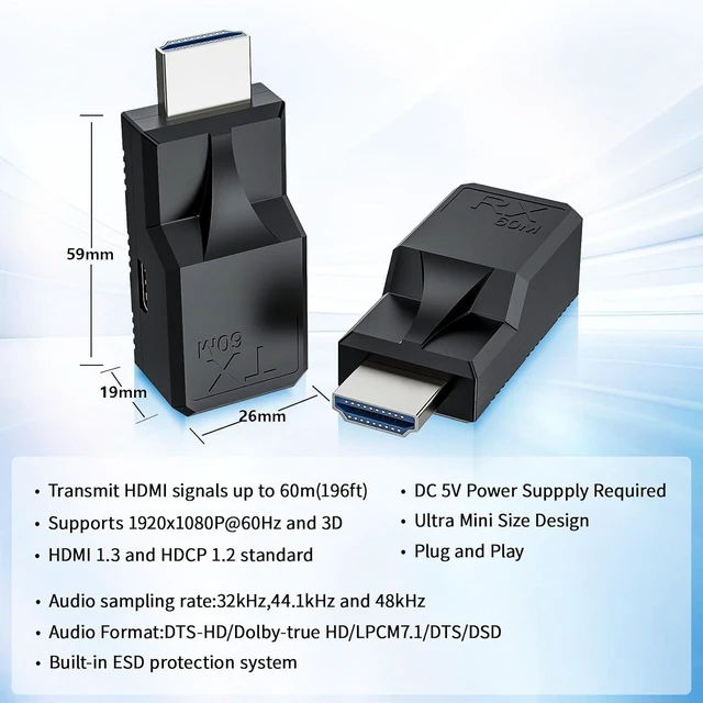 Alt view image 5 of 7 - 196FT 60M HDMI Extender Over Cat5e/6 Ethernet Cable HDMI Signal Repeater with RJ45 Transmitter Receiver 1080P@60Hz 3D HDMI 1.3 HDCP 1.2 Male to Male Adapter for HDTV Monitor Projector