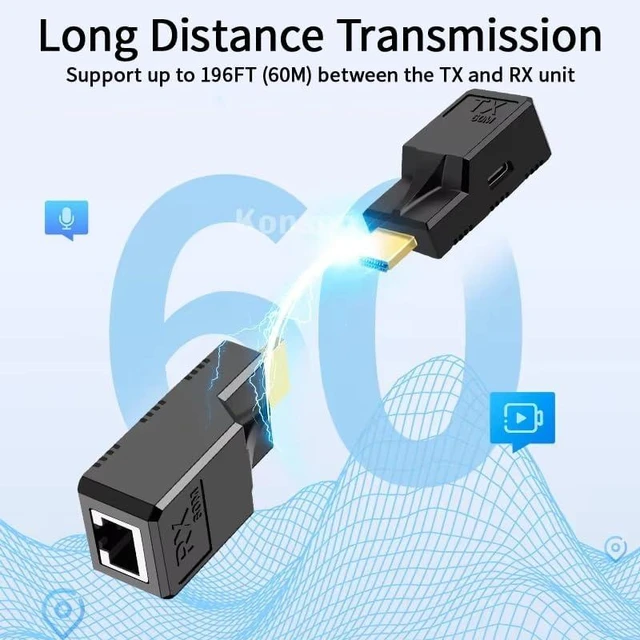 Alt view image 6 of 7 - 196FT 60M HDMI Extender Over Cat5e/6 Ethernet Cable HDMI Signal Repeater with RJ45 Transmitter Receiver 1080P@60Hz 3D HDMI 1.3 HDCP 1.2 Male to Male Adapter for HDTV Monitor Projector
