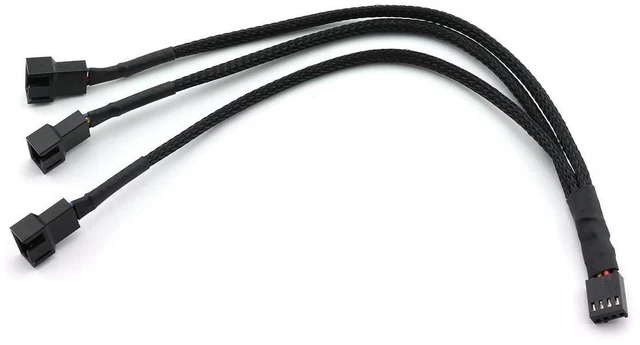 Main image of 4-Pin 1-to-3 PWM PC Fan Splitter Extension Cable Motherboard Female Socket to Triple Male Fan Connectors 24AWG Sleeved Power Adapter for 3-Pin/4-Pin Cooling Fans Black 27cm/10.5 inches