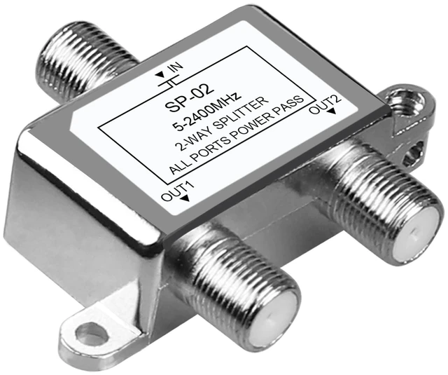 Main image of 2-Way MoCA Coaxial Cable Splitter 5-2400MHz Digital Signal Distributor 1 Input 2 Outputs RG59/RG6 Compatible Power Pass 24V 0.8A Max for HD Satellite Cable TV Internet CATV Antenna