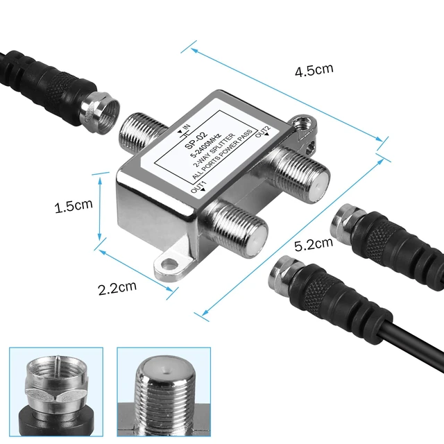 Alt view image 7 of 7 - 2-Way MoCA Coaxial Cable Splitter 5-2400MHz Digital Signal Distributor 1 Input 2 Outputs RG59/RG6 Compatible Power Pass 24V 0.8A Max for HD Satellite Cable TV Internet CATV Antenna
