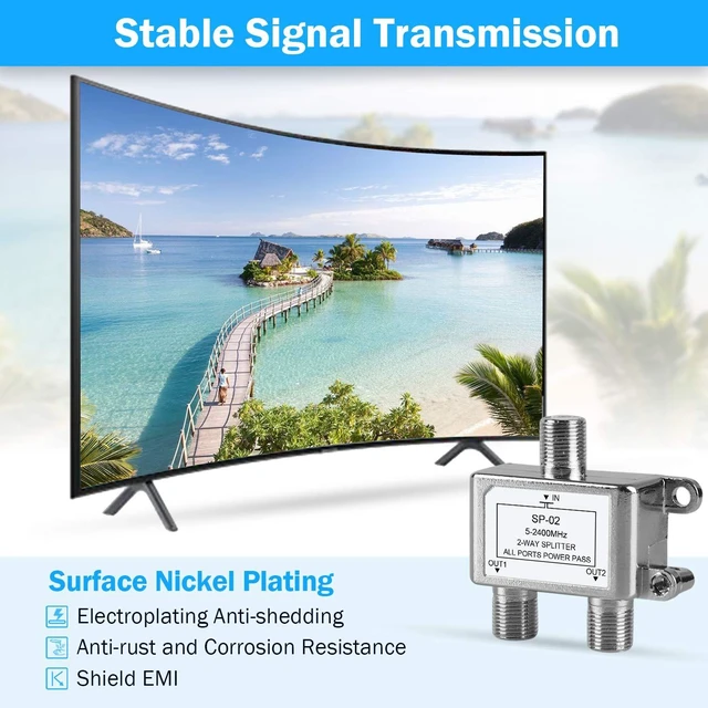 Alt view image 4 of 7 - 2-Way MoCA Coaxial Cable Splitter 5-2400MHz Digital Signal Distributor 1 Input 2 Outputs RG59/RG6 Compatible Power Pass 24V 0.8A Max for HD Satellite Cable TV Internet CATV Antenna