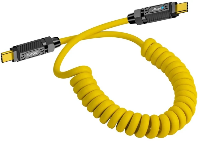 Main image of 140W 20Gbps USB-C to USB-C Coiled Charging Cable Spring Spiral Type-C Fast Charge Cord with 8K@60Hz Video Transfer LED Indicator and E-Marker Chip for iPhone MacBook Yellow Max Stretched 5ft