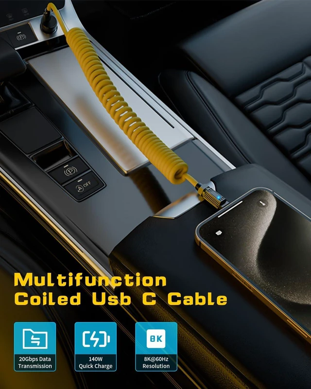 Alt view image 2 of 6 - 140W 20Gbps USB-C to USB-C Coiled Charging Cable Spring Spiral Type-C Fast Charge Cord with 8K@60Hz Video Transfer LED Indicator and E-Marker Chip for iPhone MacBook Yellow Max Stretched 5ft