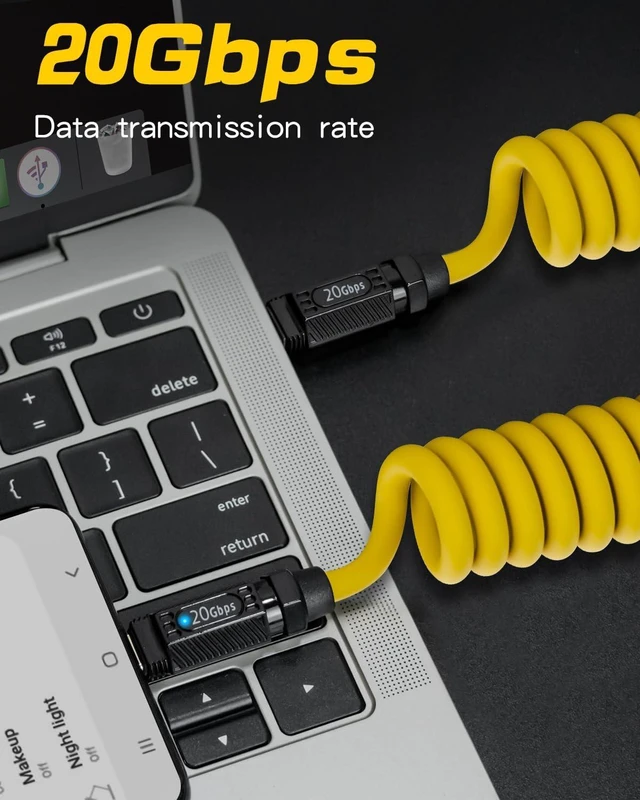 Alt view image 3 of 6 - 140W 20Gbps USB-C to USB-C Coiled Charging Cable Spring Spiral Type-C Fast Charge Cord with 8K@60Hz Video Transfer LED Indicator and E-Marker Chip for iPhone MacBook Yellow Max Stretched 5ft