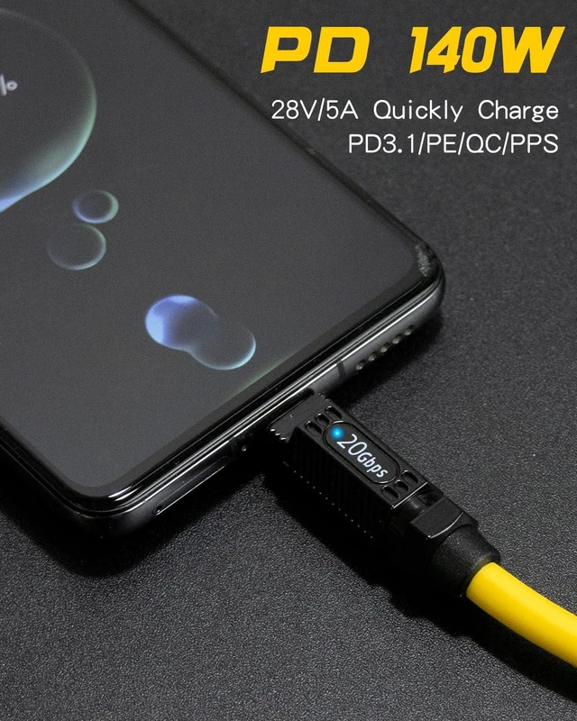 Alt view image 4 of 6 - 140W 20Gbps USB-C to USB-C Coiled Charging Cable Spring Spiral Type-C Fast Charge Cord with 8K@60Hz Video Transfer LED Indicator and E-Marker Chip for iPhone MacBook Yellow Max Stretched 5ft