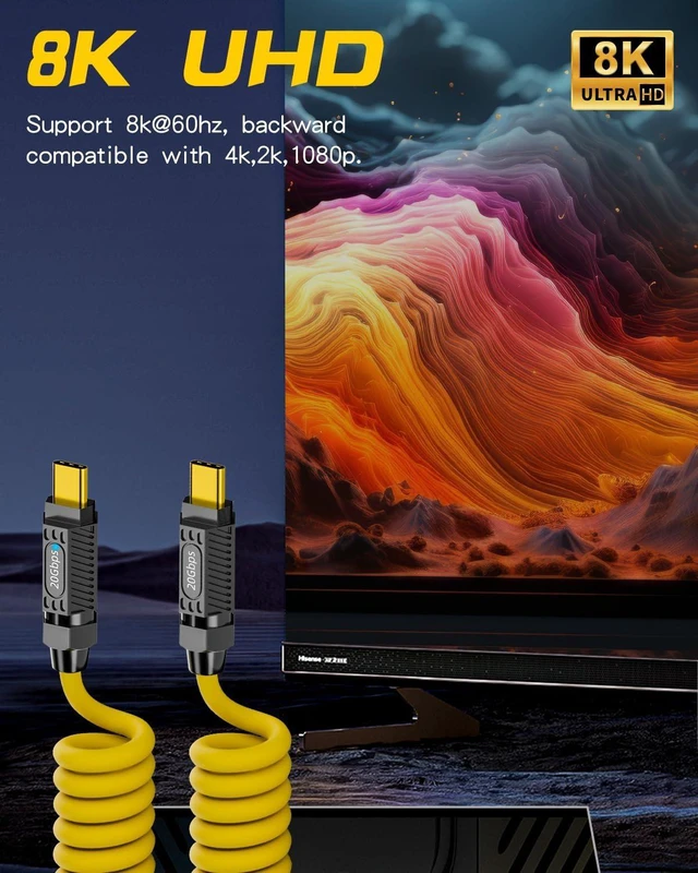 Alt view image 5 of 6 - 140W 20Gbps USB-C to USB-C Coiled Charging Cable Spring Spiral Type-C Fast Charge Cord with 8K@60Hz Video Transfer LED Indicator and E-Marker Chip for iPhone MacBook Yellow Max Stretched 5ft