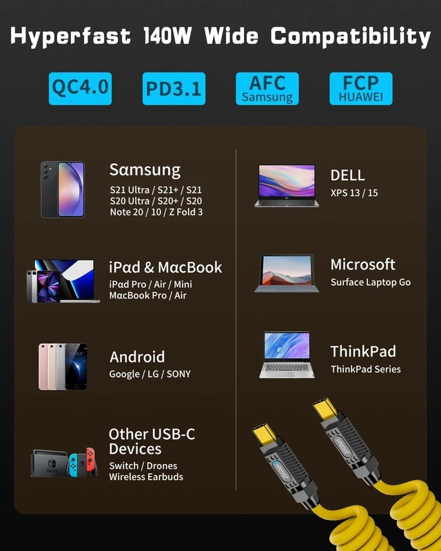Alt view image 6 of 6 - 140W 20Gbps USB-C to USB-C Coiled Charging Cable Spring Spiral Type-C Fast Charge Cord with 8K@60Hz Video Transfer LED Indicator and E-Marker Chip for iPhone MacBook Yellow Max Stretched 5ft