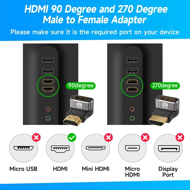 Alt view image 2 of 6 - HDMI 2.1 Right Angle Adapter 8K@60Hz 4K@120Hz Up and Down 90 Degree HDMI Male to Female L-Shaped Connector Extender with ARC VRR HDR for Google Chrome Cast Wall TV Laptop PC 2 Pack