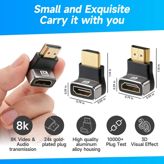 Alt view image 3 of 6 - HDMI 2.1 Right Angle Adapter 8K@60Hz 4K@120Hz Up and Down 90 Degree HDMI Male to Female L-Shaped Connector Extender with ARC VRR HDR for Google Chrome Cast Wall TV Laptop PC 2 Pack