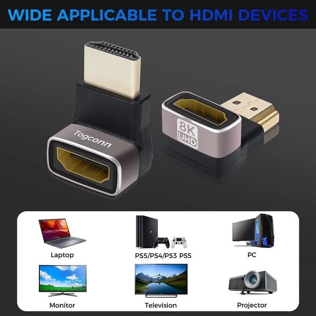 Alt view image 6 of 6 - HDMI 2.1 Right Angle Adapter 8K@60Hz 4K@120Hz Up and Down 90 Degree HDMI Male to Female L-Shaped Connector Extender with ARC VRR HDR for Google Chrome Cast Wall TV Laptop PC 2 Pack