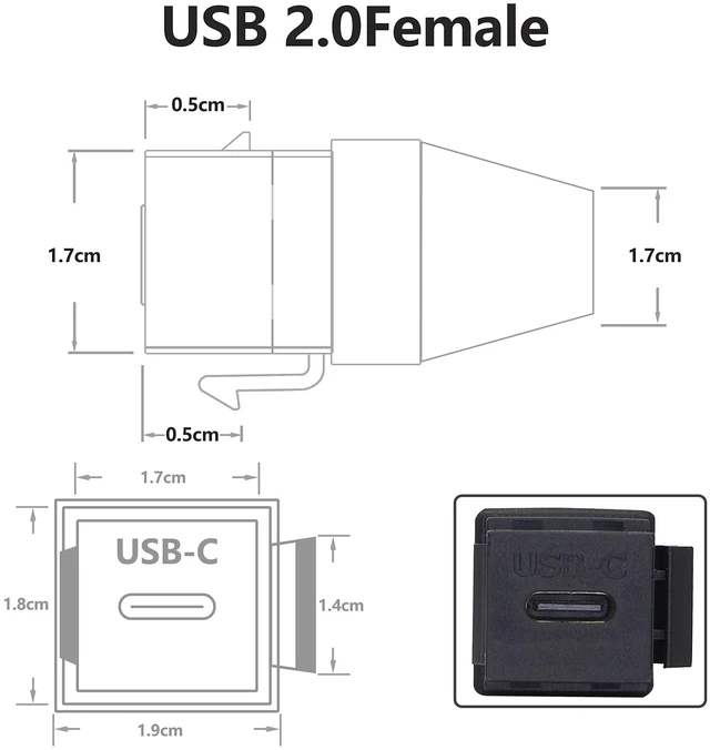 Alt view image 3 of 7 - USB-C 3.1 Male to Female Panel Mount Adapter Keystone Jack Insert Pigtail Extension Cable Keystone-to-Cable Converter 10Gbps Data Transfer 20V 5A Charging Audio Video Output Black 0.2M
