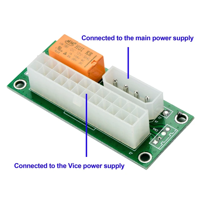 Alt view image 2 of 3 - Dual Power Supply Adapter and Daisy Chain Connector 4-Pin Molex to 24-Pin ATX Power Connector Mining Rig Secondary PSU Turn-On Synchronizer Board Plug-and-Play Power Distribution 7.00 x 3.00 cm 1 PCS
