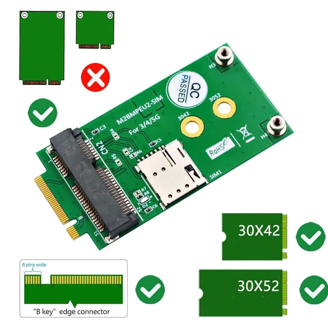 Alt view image 2 of 7 - M.2 Key B to Mini PCI-E Adapter for Full-Size WWAN Cards Nano SIM Card Slot with Push Connector Supports USB 2G/3G/4G/5G GSM GPRS CDMA HSPA LTE GPS Modules No Additional Power Required