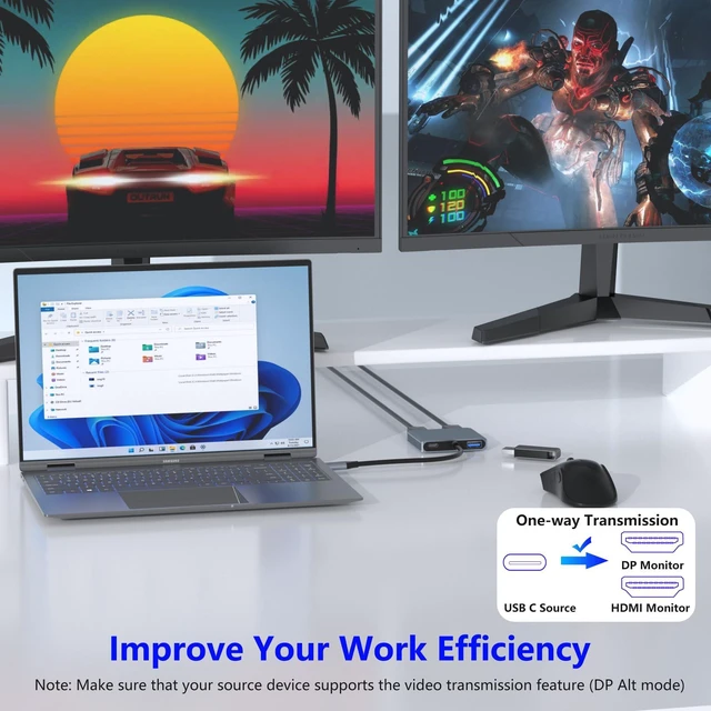 Alt view image 2 of 7 - USB-C Dual HDMI Adapter 4K@30Hz 4-in-1 USB-C Hub with USB 3.0 5Gbps and 100W PD Dual Monitor Display Adapter for DP Alt Mode Devices Windows Dual Extended Displays macOS SST Mirror Mode