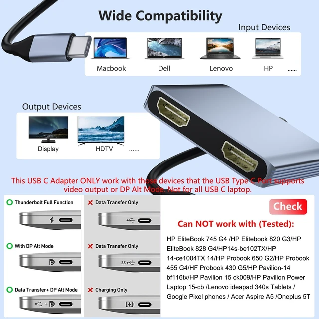 Alt view image 4 of 7 - USB-C Dual HDMI Adapter 4K@30Hz 4-in-1 USB-C Hub with USB 3.0 5Gbps and 100W PD Dual Monitor Display Adapter for DP Alt Mode Devices Windows Dual Extended Displays macOS SST Mirror Mode