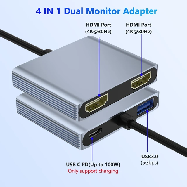 Alt view image 7 of 7 - USB-C Dual HDMI Adapter 4K@30Hz 4-in-1 USB-C Hub with USB 3.0 5Gbps and 100W PD Dual Monitor Display Adapter for DP Alt Mode Devices Windows Dual Extended Displays macOS SST Mirror Mode