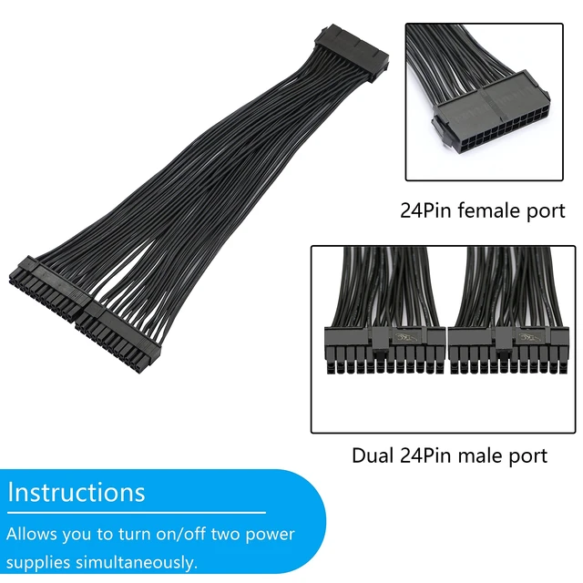 Alt view image 3 of 7 - 24-Pin 20+4 ATX Dual PSU Splitter Cable 1 to 2 Motherboard Power Supply Extension Y Adapter Cord 5557 and 5559 Connectors for 20-Pin ATX Motherboards Black 1Ft