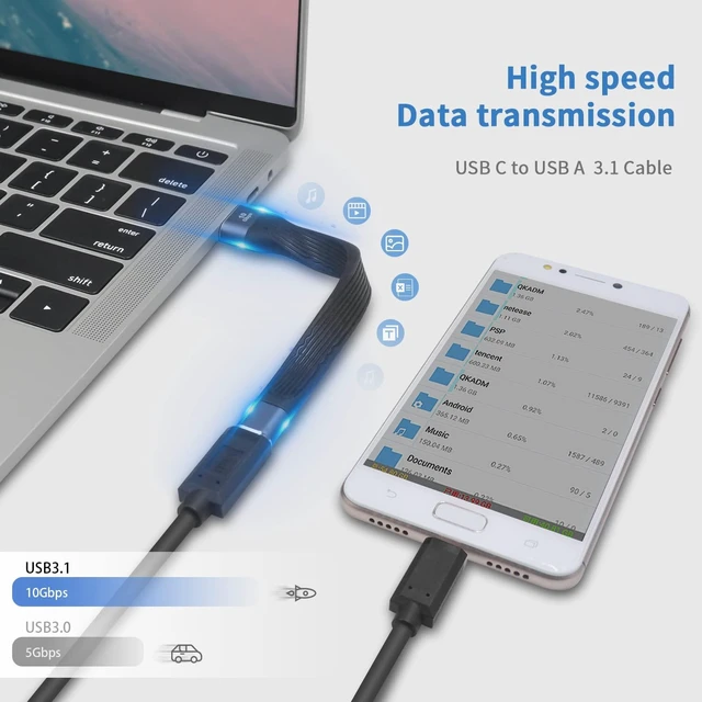 Alt view image 3 of 7 - USB Type-C Female to USB-A Male Adapter Cable USB 3.2 Gen 2 10Gbps Data Sync Cable with 3A/20V Charging Soft Flat FPC USB-C to USB 3.0 Adapter for iPhone Samsung Galaxy MacBook