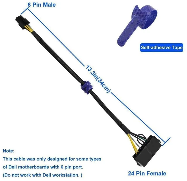 Alt view image 4 of 4 - 24 Pin to 6 Pin ATX PSU Power Adapter Cable 1007-18AWG Tin-Coated Copper Motherboard Power Supply Conversion Lead for DELL 6 Pin Port Maximum 1000 Watts 13.3-inch 34cm