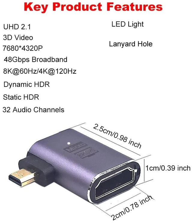 Alt view image 2 of 3 - Micro HDMI 2.1 to HDMI 2.1 Right Angle Adapter Male to Female Bidirectional Extender Connector Coupler 8K@60Hz 4K@120Hz 48Gbps Dynamic HDR 3D VRR ALLM eARC Aluminum Alloy 2 Pack