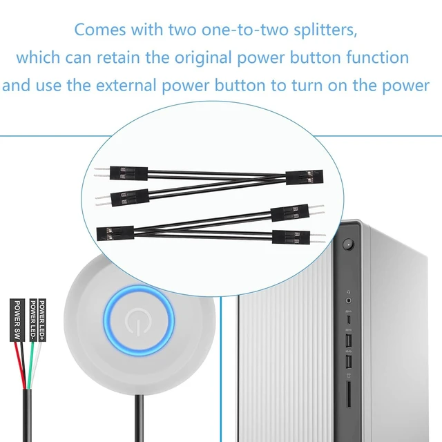 Alt view image 5 of 7 - Desktop PC External Power Switch Cable Motherboard Power SW Power LED+ and Power LED Connectors Computer Case Remote Start Button Replacement Self Adhesive Mount 1.6 m White