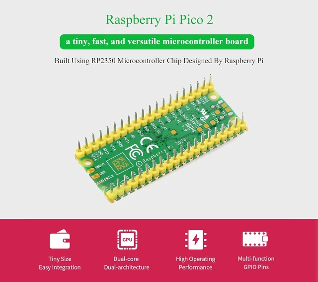 Alt view image 2 of 7 - Pico 2 RP2350 Microcontroller Board Kit Castellated Module Pre-Soldered Header Dual-Core Arm Cortex-M33 Hazard3 RISC-V 520KB SRAM 4MB Flash 26 GPIO for Raspberry Pi Pico 2 Yellow