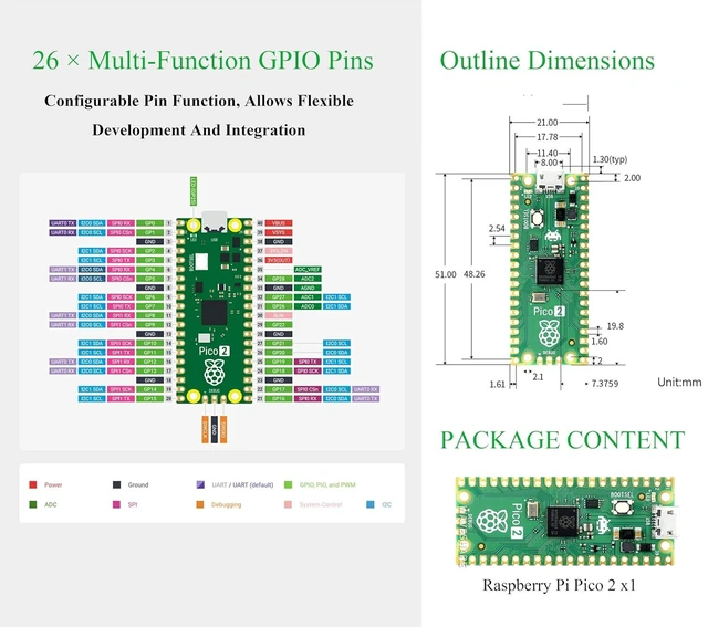 Alt view image 6 of 7 - Pico 2 RP2350 Microcontroller Board Kit Castellated Module Pre-Soldered Header Dual-Core Arm Cortex-M33 Hazard3 RISC-V 520KB SRAM 4MB Flash 26 GPIO for Raspberry Pi Pico 2 Yellow