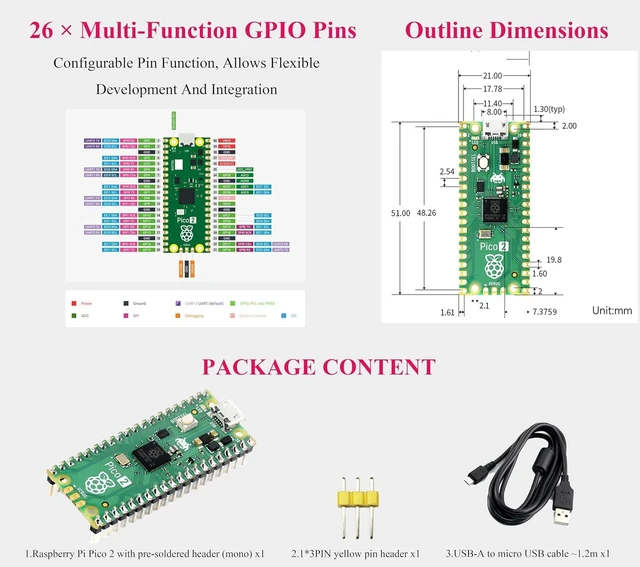 Alt view image 7 of 7 - Pico 2 RP2350 Microcontroller Board Kit Castellated Module Pre-Soldered Header Dual-Core Arm Cortex-M33 Hazard3 RISC-V 520KB SRAM 4MB Flash 26 GPIO for Raspberry Pi Pico 2 Yellow