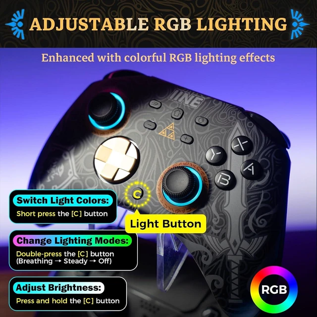 Alt view image 5 of 7 - Wireless Gaming Controller Pro-Style Gamepad with 6-Axis Gyro Sensor Adjustable Dual Rumble Motors with 4 Vibration Levels 8 RGB Light Colors and 4 Light Modes Wireless & Wired Connections