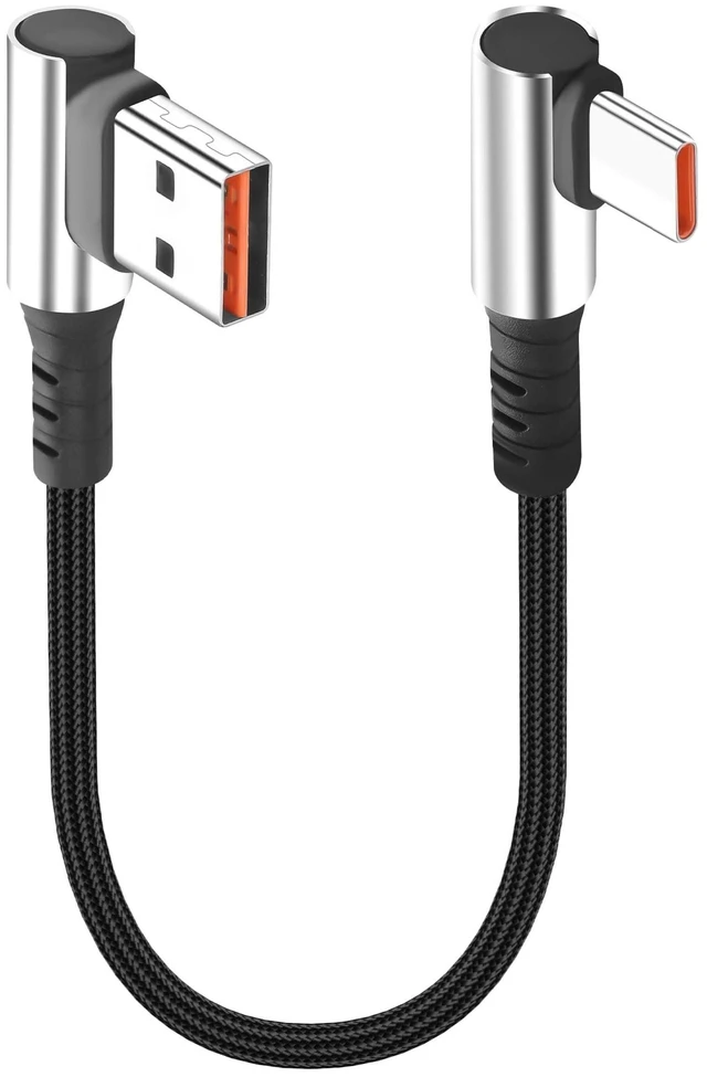 Main image of Short USB-A to USB-C Cable - Dual 90-Degree Right Angle, 6A Fast Charging & Data Sync, for Power Bank & Car Console, 9.8 Inch (25cm)