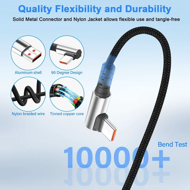 Alt view image 5 of 7 - Short USB-A to USB-C Cable - Dual 90-Degree Right Angle, 6A Fast Charging & Data Sync, for Power Bank & Car Console, 9.8 Inch (25cm)