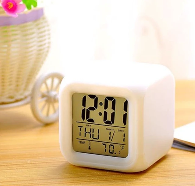 Alt view image 6 of 7 - LED Digital Alarm Clock with 3-Inch LCD Display Calendar and Temperature Display 7-Color Night Light Battery Powered Time Date Alarm Clock with 12/24 Hour Mode Nap and Seconds Display