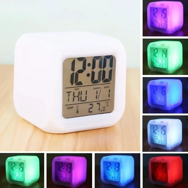Alt view image 7 of 7 - LED Digital Alarm Clock with 3-Inch LCD Display Calendar and Temperature Display 7-Color Night Light Battery Powered Time Date Alarm Clock with 12/24 Hour Mode Nap and Seconds Display