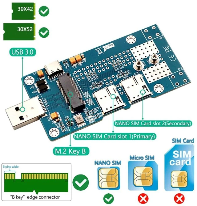 Alt view image 3 of 7 - M.2 NGFF Key B to USB 3.0 Adapter for 3G/4G/5G Modules USB Type-A Male WWAN Card Converter with Auxiliary Power Dual Nano SIM Card Slots Supports 3042/3052 M.2 Key B Cards for Desktop Notebook PC